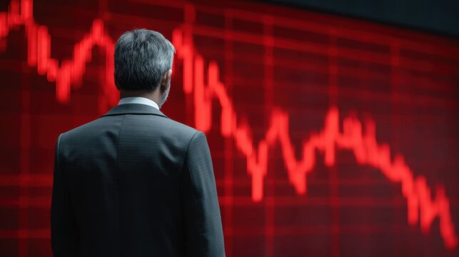 Businessman Analyzing Financial Market Trends on a Red Decline Graph Background in a Corporate Environment