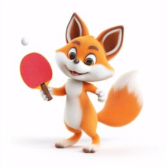 Cartoon Fox Playing Table Tennis in a Cheerful 3D Style on white background