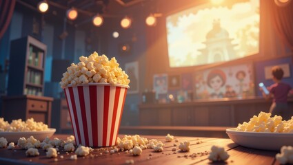 Cozy Cinema Interior with Popcorn Bucket and Screen Showing Film Atmosphere at Dusk