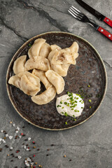 Traditional Ukrainian dumplings vareniki served with sour cream. Homemade boiled dough pockets filled with potatoes and cottage cheese, topped with fresh dill and creamy sauce. 