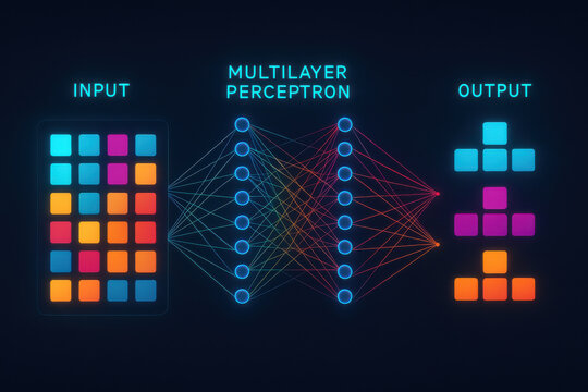 Multilayer perceptron neural network with input and output layers showing data flow
