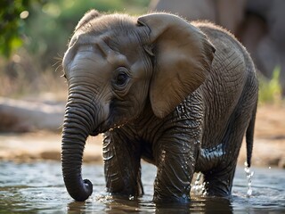 Fototapeta premium Adorable baby elephant wading in water, showcasing innocence and natural wonder
