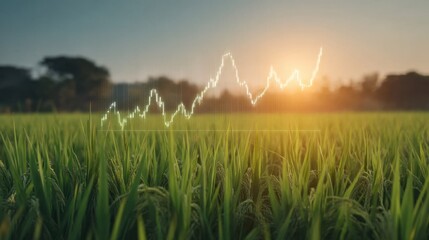 Sunrise over a Green Rice Field with a Growth Chart Overlay Illustrating Agricultural Trends and Progress in Sustainable Farming Practices