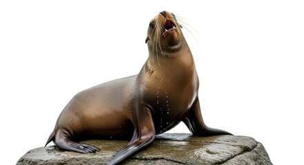 Fototapeta premium A sea lion isolated on white background, a playful marine mammal resting on a rock