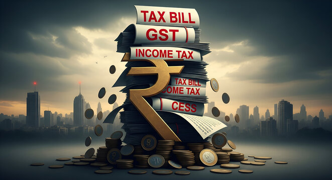 Indian Rupee Symbol & Tax Bills: Financial Burden Concept