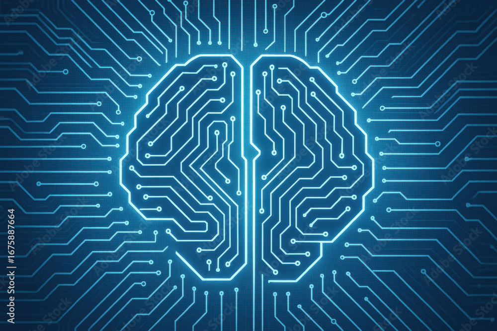 Poster artificial intelligence concept with glowing brain circuit board design