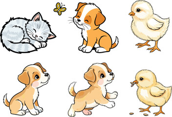 Cute Cartoon Animals, Sleeping Cat, Playful Puppy, Baby Chick, and Animal Friends, Adorable Illustrations for Kids, Nursery Art