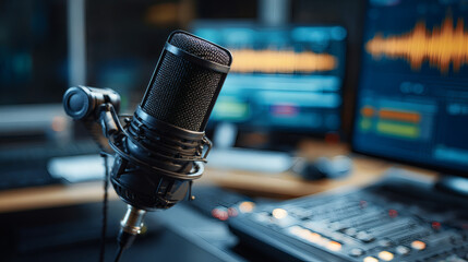 Broadcast studio microphone with blurred audio waveform monitors and mixing console, professional radio setup with clean copy space