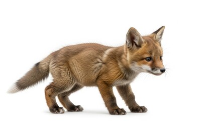 Fototapeta premium Adorable red fox cub walking isolated on white background, showcasing its cute and playful nature