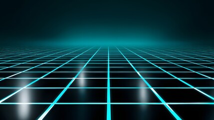 Futuristic Neon Grid with Reflections in a Dark Background Creating a Digital Perspective