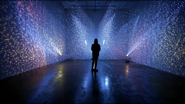 Contemplative person observes futuristic, immersive digital art installation, an abstract light experience within modern gallery exhibition of glowing, projected patterns - Powered by Adobe