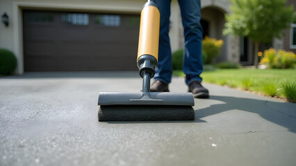 Concrete finishing specialist smoothing driveway surface with trowel