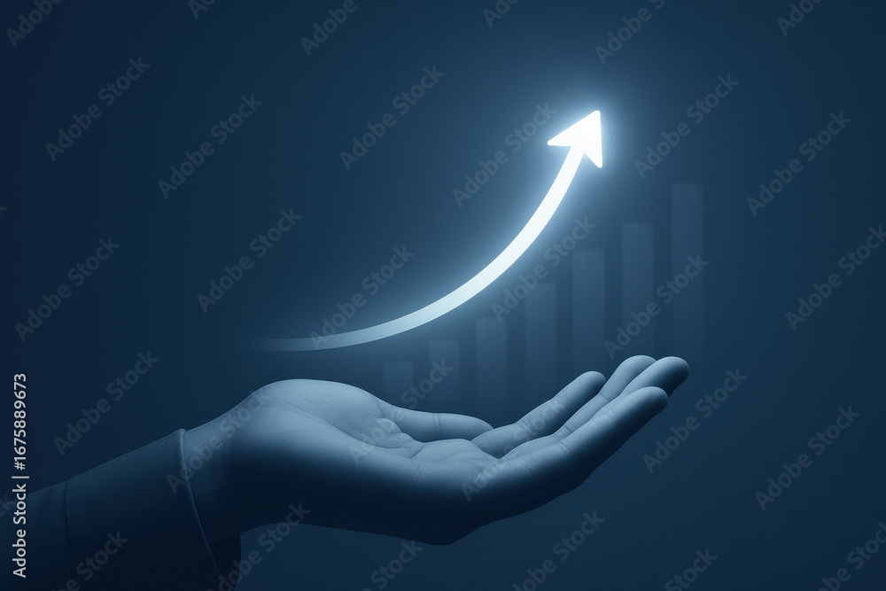 Poster hand growth chart with upward arrow symbolizing success and progress