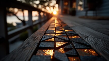 Symbolic design of sustainable energy access with small solar panels on wooden rail in sun.