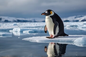 Obraz premium Majestic emperor penguin stands proudly on glistening ice floe, reflecting serene polar waters