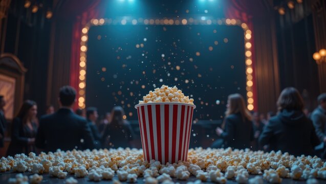 Popcorn Bucket Surrounded by Spilled Kernels in a Grand Theater During a Spectacular Performance
