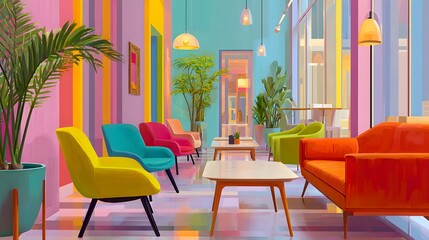 Colorful Lounge Area with Modern Furniture and Artistic Interior Design in Bright Atmosphere