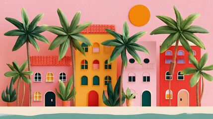 Colorful Tropical Houses with Palm Trees and Sunlit Background in a Modern Urban Landscape