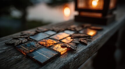 Symbolic design of sustainable energy access with small solar panels on wooden rail in sun.