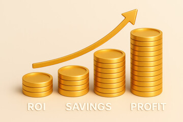 Financial growth concept with increasing gold coin stacks and upward arrow showing profit