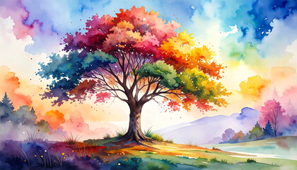 Colorful tree watercolor painting soft misty gradient nature landscape vibrant foliage tranquil scene artistic illustration peaceful mood sunlight serene environment