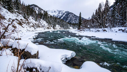 Snowy river icy water winter landscape pine tree mountain cold serene blue sky snowbank climate action background. Peaceful and tranquil winter scene