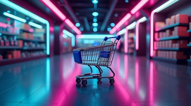 Shopping cart in neon lit aisle supermarket neon lights
