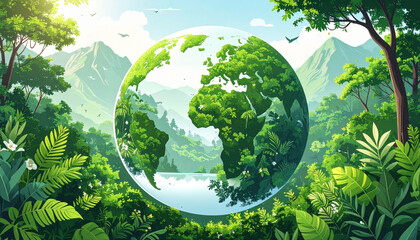 Eco friendly world sphere with tropical jungle frame, lush green forest, mountain landscape, sunlight, and serene atmosphere, promoting environmental conservation and sustainability
