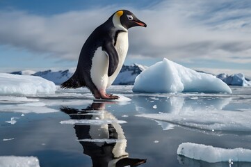 Fototapeta premium Majestic Emperor Penguin stands on icy floe reflecting in calm Antarctic waters under blue sky