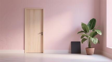 Pastel pink room interior mockup: a light wood door, potted plant, and dark slate against a textured wall in a minimalist flat lay.