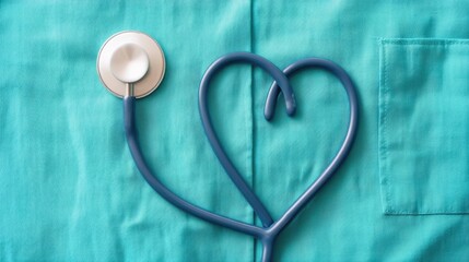 Stethoscope Heart Shape on Medical Scrubs Background Symbolizing Healthcare Love and Compassion in Professional Medicine Environment