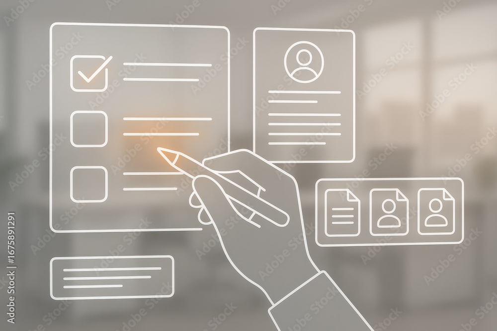 Poster hand holding pen checking box on digital interface with profile and document icons