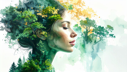 Surreal portrait woman nature trees moss watercolor green yellow peaceful sustainability environmental dreamy artistic forest foliage serene creative fantasy imagination harmony beauty natural eco