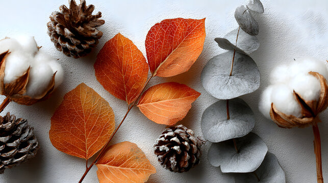 Autumn-themed flat lay with orange leaves, eucalyptu, pine cones, and cotton fowers on a white backgroun.