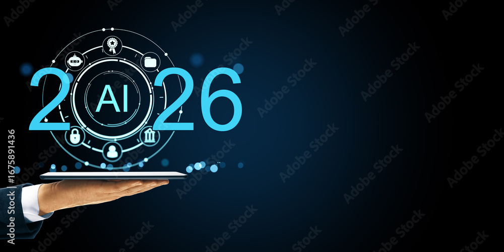 Poster 2026 artificial intelligence digital interface with hologram icons and futuristic technology concept