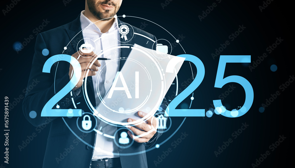 Poster businessman analyzing ai technology trends for 2025 with futuristic virtual interface and digital da