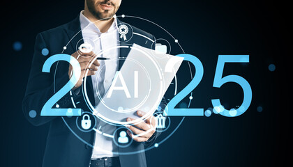 Businessman analyzing AI technology trends for 2025 with futuristic virtual interface and digital data icons on dark background.