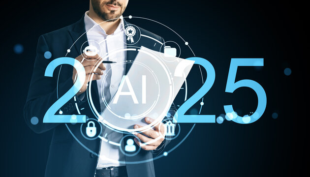 Businessman analyzing AI technology trends for 2025 with futuristic virtual interface and digital data icons on dark background.
