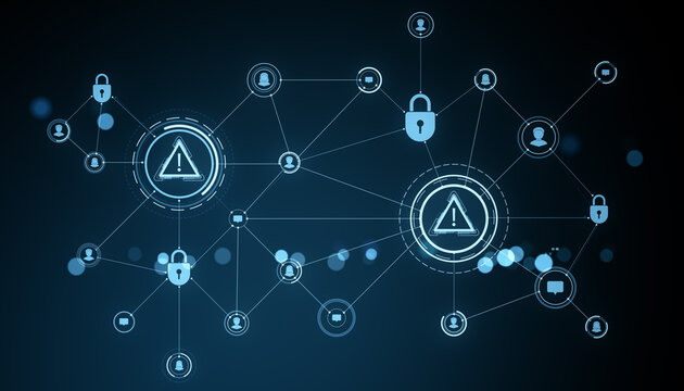 Cybersecurity network with warning symbols and padlocks on a glowing tech-style abstract background indicating data breach and system vulnerability. 3D Rendering - Powered by Adobe