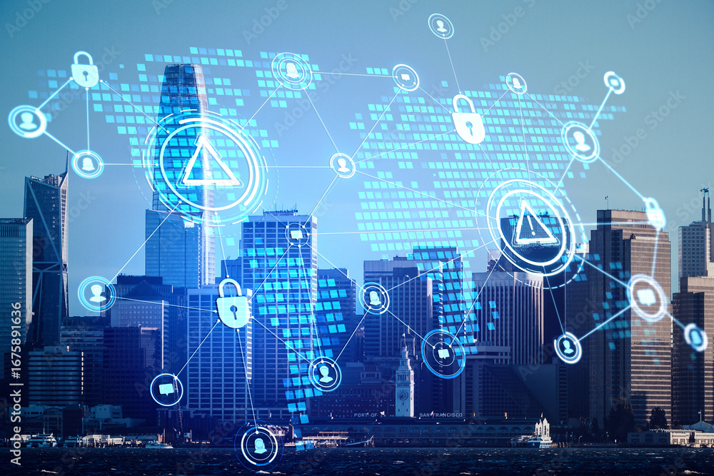 Poster cybersecurity warning icons over global network connections on digital world map with city skyline b