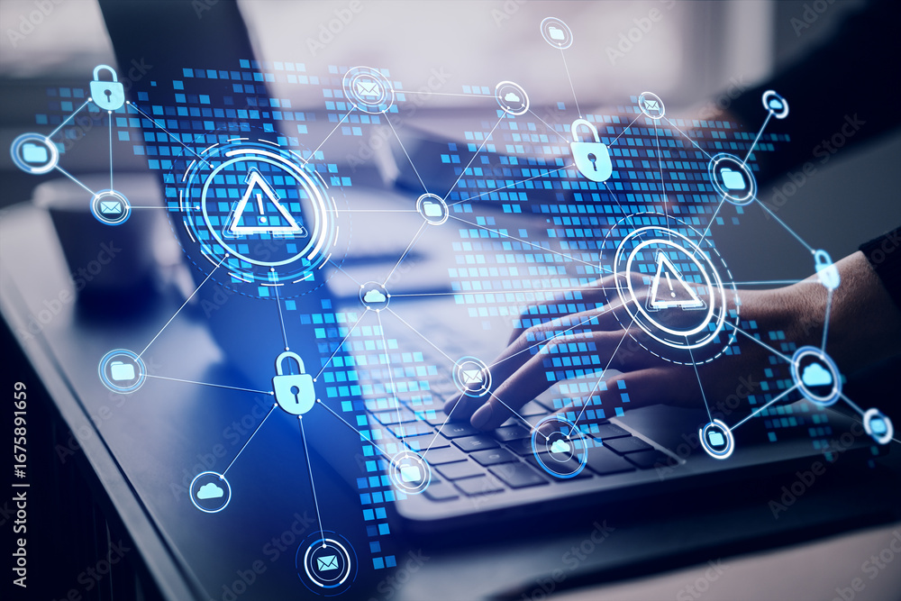 Poster cybersecurity alert icon on virtual global network map above laptop keyboard, symbolizing data risk 