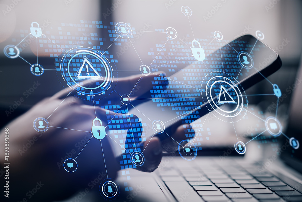 Poster digital warning icons and cybersecurity symbols over smartphone and laptop with global network map o