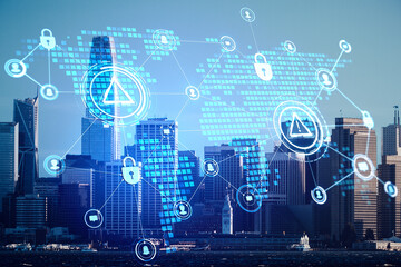 Cybersecurity warning icons over global network connections on digital world map with city skyline background and modern technology symbols.