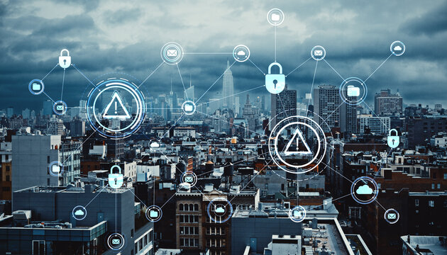 Cybersecurity warning icons over cityscape with digital network overlay, highlighting data risk and online security threats in urban environment.