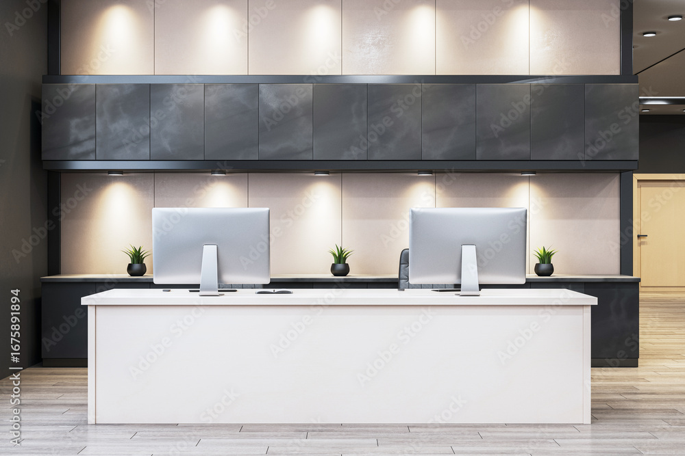 Poster Modern reception desk with dual computers in minimalist office interior with sleek design and soft lighting, perfect for corporate branding mockup. 3D Rendering