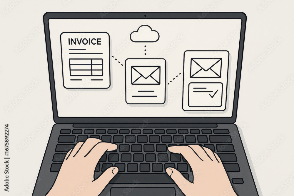 Poster hands typing on laptop with invoice and email icons showing cloud connection