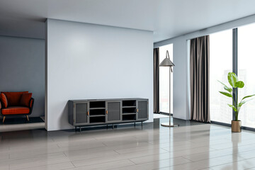 Modern minimal dresser against blank white wall in elegant living space with floor-to-ceiling windows and city view in contemporary interior. 3D Rendering