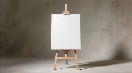 Blank white canvas mockup on wooden easel, neutral background, studio shot, vertical composition, minimalist design, light beige tones.