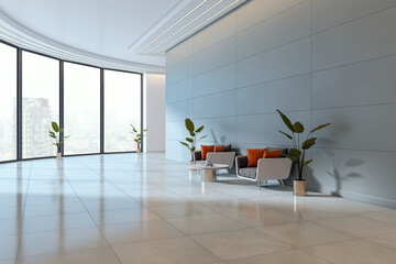 Modern office waiting area with large windows, indoor plants, and sleek furniture with city view in bright corporate interior space. 3D Rendering