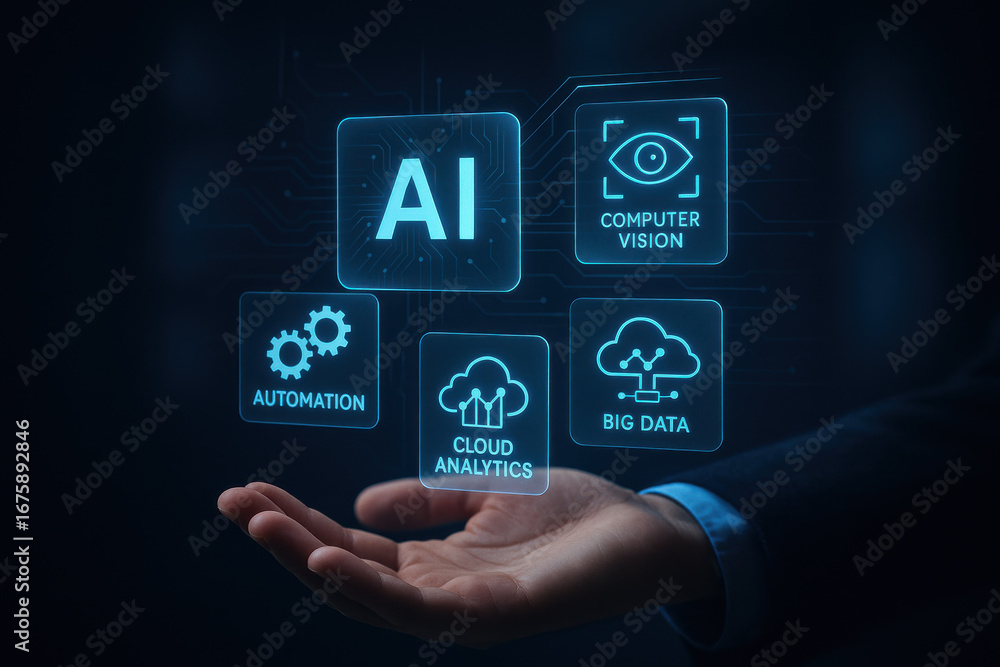Poster artificial intelligence concepts with automation, cloud analytics, and big data icons